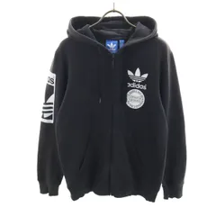 adidas アディダス トレフォイルロゴ 長袖 スウェット ジップパーカー S ブラック 裏起毛 メンズ 古着