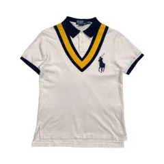 90s Polo by Ralph Lauren ポロ ラルフローレン カスタムフィット Vライン 重ね着風 デザイン ビッグポニー 鹿の子 半袖 ポロシャツ M /ホワイト系 メンズ ビンテージ