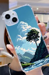 iPhone 対応 四隅耐衝撃 透明ケース ブルー 山と木の風景デザイン インターネットショッピング用