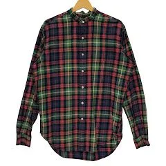 90's vintage 90年代 ヴィンテージ Ralph Lauren ラルフローレン ノーカラーシャツ ポニー刺繡 チェック柄 長袖シャツ ワンポイント刺繍 インド製 Mサイズ レッド ネイビー グリーン