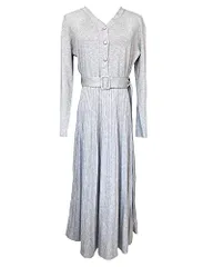 [Collecala] ニットワンピース レディース秋冬きれいめ 上品ワンピース プリーツ模様 ウエストマーク ベルト付き ハイウエスト Ａライン Vネック ニット ミモレ丈 着痩せセーターワンピースma dec80ddb