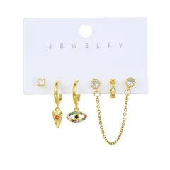 セットピアス フープピアス エキゾチック マルチカラーチャーム アイモチーフ クリアストーン ゴールド ピアス 両耳用 シンプル カジュアル エレガント モード 華やか レイヤード 重ね付け レディース 韓国アクセ