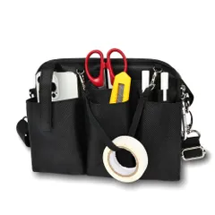 [CARRY ALL BEFORE ONE] 多機能ウエストポーチ ナースポーチ ウエストバッグ マチ付き 横長タイプ ダブルジッパー 12ポケット ペン差し付き 工具 文具 小物入れ 業務用 作業用 看護 介護 カラビナ ショルダ [マチ付き S ブラック]