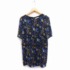 カージュ Khaju 花柄 ペプラムワンピース 五分袖 ひざ丈 袖透け感 シフォン ネイビー 紺 /FT8