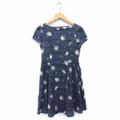 レストローズ L'EST ROSE ワンピース フリル 膝上 丸首 半袖 コットン 綿 総柄 M ネイビー 紺 /HT3