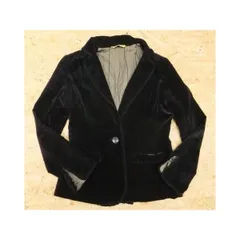 古着 Casquette Fur ベロア テーラードジャケット 長袖 1つボタン フリル付きの襟 綿100% キュプラ裏地 サイズ2 ブラック系 黒系 レディース