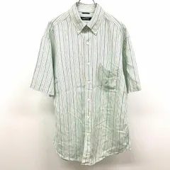 【中古】[印象B] NAUTICA ノーティカ シャツ メンズ M グリーン×ネイビー系×レッド系 緑系 麻×テンセル ロングテール ストライプ ロゴ刺繍 ボタンダウン 半袖 ポケットのサムネイル