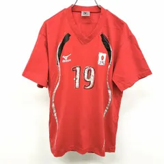 古着 ミズノ MIZUNO Tシャツ バレー 日本代表 手書き風プリント 背番号19番 Vネック 半袖 綿100% L レッド系×シルバー×ブラック 赤 メンズ