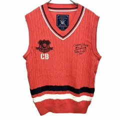 古着 CUTTER＆BUCK ゴルフ ケーブルニット ベスト Vネック 刺繍 アクリル×ナイロン×毛 M サーモンピンク系 サーモンピンク系×紺×白 メンズ