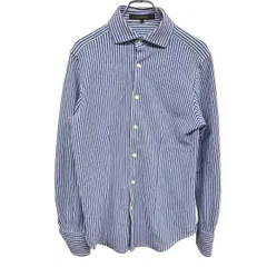 【中古】[印象A] DESIGN WORKS デザインワークス カットソーシャツ レディース 44 ブルー 青×白 綿100% コットン ストライプ ワイドカラー 長袖 胸ポケットのサムネイル