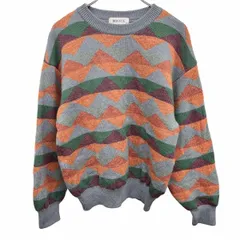 古着 RONFIX ニット セーター シェブロン柄 長袖 丸首 プルオーバー ニューウール100% M ネイビー 紺×茶×緑×紫 メンズ(レディース？)