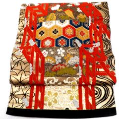 反物 博多織 献上柄 八寸名古屋帯用 正絹 オレンジx黒 名古屋帯 未仕立て 長さ473cm 【キモノオフ野々市若松店】 反物 博多織 献上柄 八寸名古屋帯用 正絹 オレンジx黒 名古屋帯 未