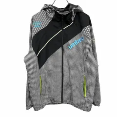 【中古】[印象A] UMBRO アンブロ パーカー / ジャケット メンズ M ブラック 黒×白×青×緑 ポリ100% ハイネックフード フリーダムスリーブ 裾と袖口にゴム フードのみにメッシュ裏地 クレープ生地 シャツ生地 チェック 刺繍 裏地無し 長袖のサムネイル