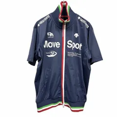 【中古】[印象AB] DESCENTE デサント ジャケット メンズ L ネイビー 紺×赤×緑×白 ポリ100% 少し薄手 ダブルジップ ハイネック ロゴ 英字 プリント 半袖のサムネイル
