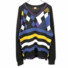 【中古】[印象B] PUMA プーマ ニット / セーター レディース XL ブラック 黒×紫×黄×青×白 綿100% 背中のドット柄の部分のみプリント 薄手 Vネック ダイヤチェック×ボーダー ラグラン 長袖のサムネイル