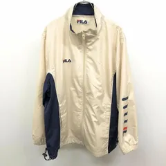 【中古】[印象AB] FILA フィラ ジャケット / ブルゾン メンズ 2L XL LL アイボリー×ネイビー ベージュ系×紺系 ポリ100% ロゴプリント ハイネック 裾に調節ゴム 薄手 ジップアップ メッシュ裏地 長袖のサムネイル