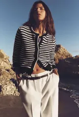 タグ付き ZARA フリルストライプニットカーディガン レディース L ブラック×ホワイト 3412202604060001