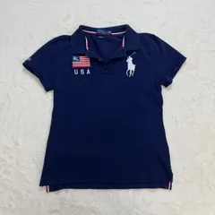 【希少】90s ポロラルフローレン 半袖 ポロシャツ ビッグポニー USA旗 ネイビー　Mサイズ