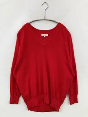 PLST プラステ ニット/セーター M レッド コットン ニット 無地 ミドル丈 長袖 Vネック