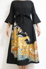 一点物 着物リメイク ワンピース ドレス 黒留袖 正絹 作家物 落款 飛鳥文 金彩