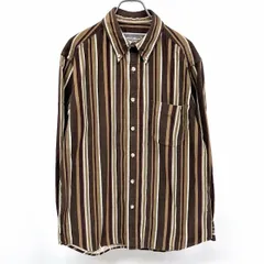 古着 Eddie Bauer エディーバウアー S メンズ コーデュロイシャツ ストライプ ボタンダウン 長袖 胸ポケット 綿100% ブラウン×オリーブ 茶色