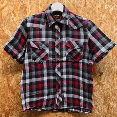 【中古】[印象BC] BEAMS ビームス メンズ S レッド×ブラック×グレー 綿100% ダブルガーゼシャツ チェック柄 ウエスタン 両胸ポケット ネコ目ボタン 半袖のサムネイル