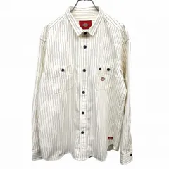 【中古】[印象A] Dickies ディッキーズ シャツ メンズ L ライトアイボリー 薄生成り×紺(黒？) ポリ×綿 ロゴパッチ 若干厚みあり ピンストライプ 襟が短い 長袖 両胸ポケットのサムネイル