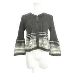 クレージュ courreges ニットカーディガン ウール混 M グレー 七分袖 ベルスリーブ ボーダー柄 /AH18 ■GY58