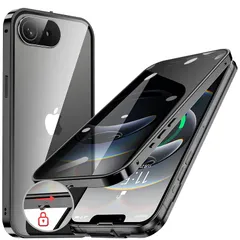 【新品】 HGUTREY【覗き見防止・自動ポップアップボタン】 iPhone17e / 16e 用 ケース【ロック付き】【ストラップホール付き】全面保護 両面9H強化ガラス あいふぉん17e / 16eケース 耐衝撃 アルミ バンパー メタルフレーム スマ 1