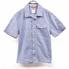 【中古】[印象AB] LEVI'S リーバイス オープンカラーシャツ メンズ SS XS ネイビー×ホワイト×オレンジ 紺 綿100% フラップ付き胸ポケット ボックスカット ボーダー シェルボタン 猫目ボタン 半袖のサムネイル