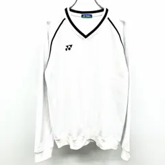 古着 YONEX ヨネックス M メンズ スウェットシャツ トレーナー 裏毛 ロゴ刺繍 Vネック 長袖 スポーツ 日本製 ポリ100% ホワイト×ネイビー 白