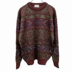 古着 シンプルライフ SIMPLE LIFE ニット セーター 総柄 ボーダー 長袖 丸首 プルオーバー 毛×アクリル L ブラウン 茶×緑×青×グレー メンズ