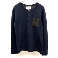 【中古】[印象AB] Arnold Palmer アーノルドパーマー リブカットソー レディース M ネイビー×カーキ 紺 綿100% ポケットにパラソルのロゴ刺繍 ストレッチ ヘンリーネック ボーダー柄のポケット 長袖のサムネイル
