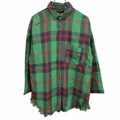 【新品/訳アリ】ザラ ZARA シャツ 短い襟 チェック 筒袖 裾カットオフ ７分袖 胸ポケット 綿100% XS SS グリーン 緑×赤×紫 レディース