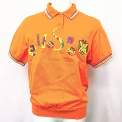 古着 エレッセゴルフ ellesse Golf ポロシャツ カットソー 鹿の子 ロゴ刺繍 襟と袖口にラメ糸 半袖 綿100% M オレンジ レディース 女性