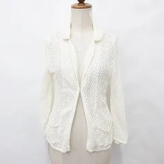 ユーバイウンガロ U by ungaro ニット カーディガン 8分袖 テーラーカラー ホック メッシュ スパンコール アイボリー オフホワイト 白 L