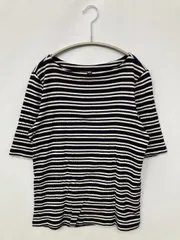 UNIQLO ユニクロ Tシャツ/カットソー L ネイビー 無地 ボーダー柄 ミドル丈 半端袖 ボートネック