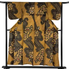 【美品】 浴衣 身丈155cm 裄丈64cm M 絞り浴衣 草花 流水 山吹色 綿 名品 【中古】