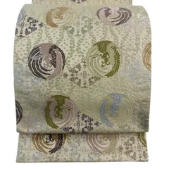 袋帯 名品 鳥丸文 菱 唐織 箔 ベージュ 六通 正絹 【中古】