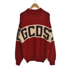 GCDS セーター ニット プルオーバー クルーネック ロゴデザイン ロゴタブ 厚手 L 赤 レッド 白 ホワイト 黒 ブラック