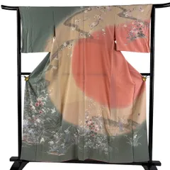 訪問着 身丈157.5cm 裄丈64cm M 袷 落款 草花 流水 金銀彩 染め分け 灰緑 正絹 秀品 【中古】のサムネイル