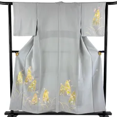 付下げ 身丈155cm 裄丈63cm S 袷 落款 草花 金彩 灰色 正絹 秀品 【中古】
