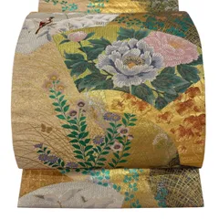 袋帯 秀品 扇面 花鳥 金糸 箔 ベージュ 六通 正絹 【中古】