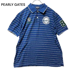●棚番号BE-2 PEARLY GATES パーリーゲイツ 半袖 ポロシャツ ボーダー ブルー ネイビー ワッペン ロゴ ゴルフウェア メンズ 4 日本製　古着