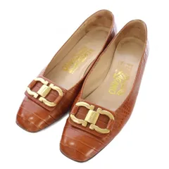 サルヴァトーレフェラガモ Salvatore Ferragamo パンプス ガンチーニ クロコ 型押し レザー スクエアトゥ 5D ブラウン /TK