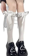 リボン ニーハイソックス オーバーニー ソックス 着圧 コスプレ 制服用 ニーハイ 黒 長さ40cm 幅8cm, カワイイ 膝丈 ソックス 女の子向け 多色多様 地雷系 量産型