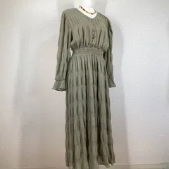 美品 N. ナチュラルビューティーベーシック マジョリカプリーツワンピース M カーキ シャーリング ロング丈 Vネック 細見え 大人可愛い