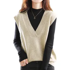 無地 ゆったり 薄手 ノースリーブ オシャレ 重ね着風 フリース プルオーバー ニットチョッキ カジュアル セーターベスト 通学 袖なし Vネック 通勤 ウール リプ 女子 ニットベスト トップス ベスト レディース 春秋冬 [GlamollaMisse]