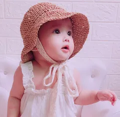 麦わら帽子 ベビー キッズ ストローハット あご紐付き レースリボン 2カラー 春夏 日焼け対策 帽子 ベビー帽子 キッズ帽子 紫外線対策 ピクニック ビーチ 女の子