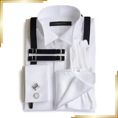 【新品】 ウイングカラーシャツ 立ち襟 フォーマル小物 6点セット ダブルカフス 新郎 父 モーニング タキシード 結婚式 披露宴 卒業式 始業式 チーフ（ホワイトプレーン） カフスボタン白 サスペンダー黒 アームバンド黒 首37cm ゆき丈84cm 0